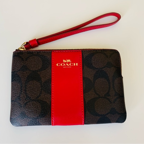 Authentic Coach Brown & Red Leather Zippered Wristlet: - Picture 1 of 7